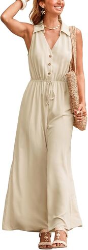 CUPSHE Jumpsuits for Women, Sleeveless Shirt Collar Drawstring Wide Leg Casual One Piece for Summer Beach Vacation in Saudi Arabia