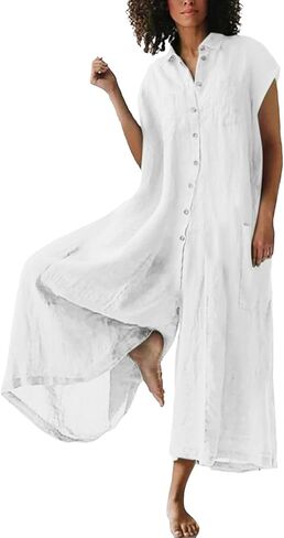 Linen Jumpsuits for Women One Piece Button Wide Leg Palazzo Jumpsuit Oversized Short Sleeve Spring Summer Rompers in Saudi Arabia