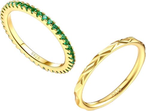 2Pcs 18K Plated Gold Rings 925 Sterling Silver Dainty Green CZ Eternity Bands Rings Stackable Gold Plated Promise Wedding Rings for Women 6-10 in Kuwait