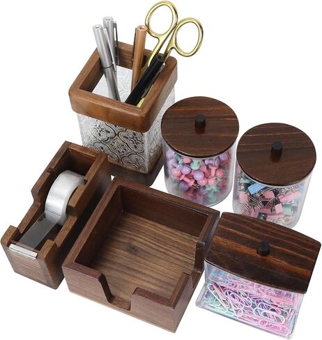 Buqoo 6-Piece Walnut Wood Desk Organizer Set, Pen Holder with Acrylic Insert, Tape Dispenser, Sticky Note Holder & Paper Clip Bow lfor School N Home Office Supplies in Kuwait