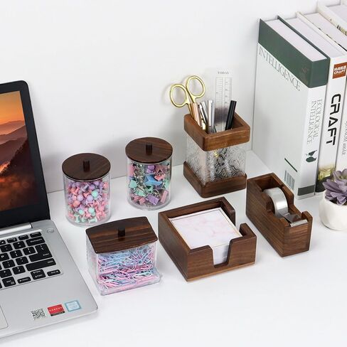 Buqoo 6-Piece Walnut Wood Desk Organizer Set, Pen Holder with Acrylic Insert, Tape Dispenser, Sticky Note Holder & Paper Clip Bow lfor School N Home Office Supplies in Kuwait