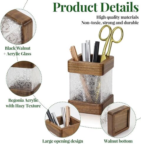 Buqoo 6-Piece Walnut Wood Desk Organizer Set, Pen Holder with Acrylic Insert, Tape Dispenser, Sticky Note Holder & Paper Clip Bow lfor School N Home Office Supplies in Kuwait