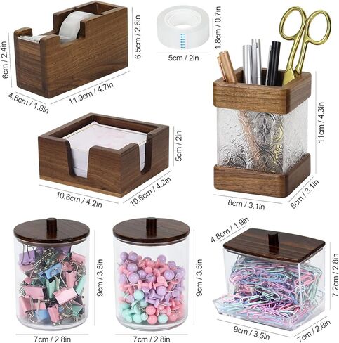Buqoo 6-Piece Walnut Wood Desk Organizer Set, Pen Holder with Acrylic Insert, Tape Dispenser, Sticky Note Holder & Paper Clip Bow lfor School N Home Office Supplies in Kuwait
