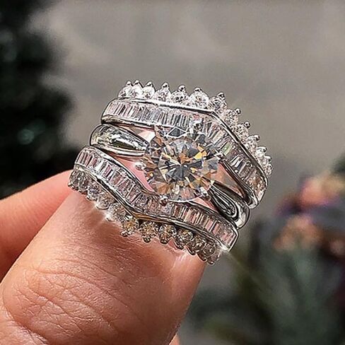 Luxury 3-Piece Cubic Zirconia Ring Set for Women Detachable Wear Lady Wedding Jewelry in Saudi Arabia