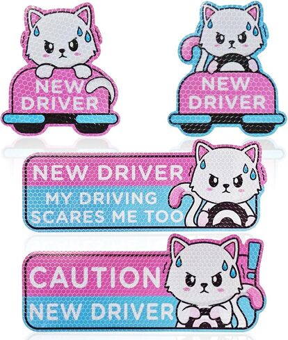 4PCS Cartoon Cat Student Driver Car Magnet, Magnetic Reusable Reflective Car Decal, Cute New Driver Safety Signs Automotive Bumper Stickers in Saudi Arabia