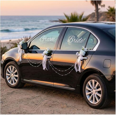 Just Married Car Door Handle Flower Decorations – 6-Piece White Velvet Rose & Iris Bouquet Set with Pearl Chains & Bride/Groom Window Decals for Wedding Cars in Saudi Arabia