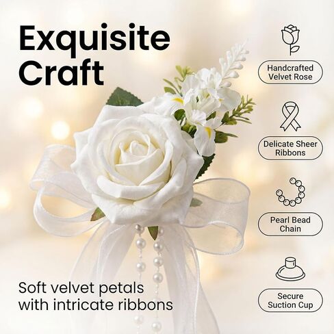 Just Married Car Door Handle Flower Decorations – 6-Piece White Velvet Rose & Iris Bouquet Set with Pearl Chains & Bride/Groom Window Decals for Wedding Cars in Saudi Arabia