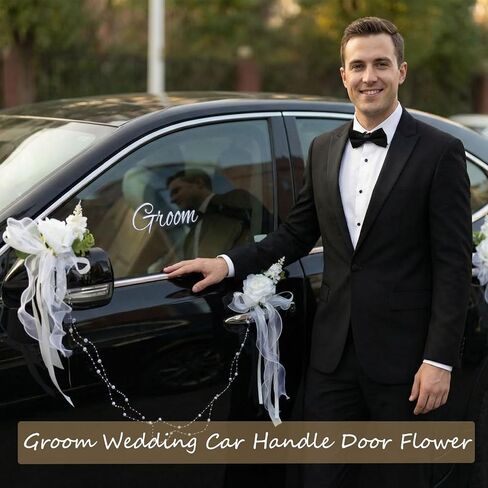 Just Married Car Door Handle Flower Decorations – 6-Piece White Velvet Rose & Iris Bouquet Set with Pearl Chains & Bride/Groom Window Decals for Wedding Cars in Saudi Arabia