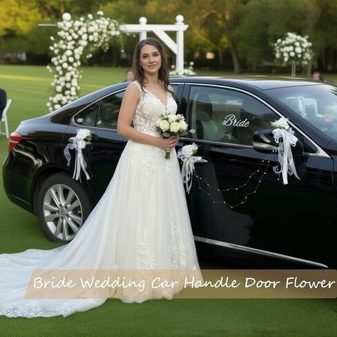 Just Married Car Door Handle Flower Decorations – 6-Piece White Velvet Rose & Iris Bouquet Set with Pearl Chains & Bride/Groom Window Decals for Wedding Cars in Saudi Arabia