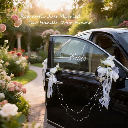 Just Married Car Door Handle Flower Decorations – 6-Piece White Velvet Rose & Iris Bouquet Set with Pearl Chains & Bride/Groom Window Decals for Wedding Cars in Saudi Arabia