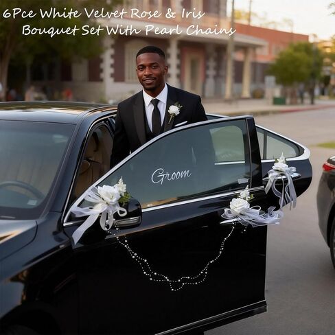 Just Married Car Door Handle Flower Decorations – 6-Piece White Velvet Rose & Iris Bouquet Set with Pearl Chains & Bride/Groom Window Decals for Wedding Cars in Saudi Arabia