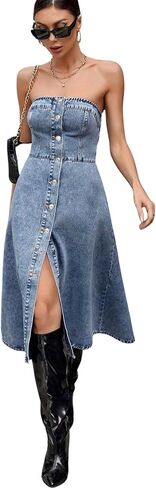 utcoco Women's Stretch Strapless Denim Tube Dress Button Down Sleeveless A Line Swing Jean Dress 2025 in Saudi Arabia