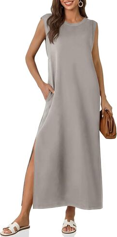 Wenrine Womens Maxi Dress Casual Sleeveless Crewneck Side Slit Loose Vacation Summer Dresses with Pockets in Saudi Arabia