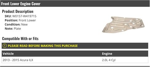Front Lower Engine Cover - Plate - Compatible with 2013-2015 Acura ILX 2.0L 4-Cylinder in Saudi Arabia