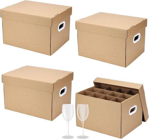 2 Pack Wine Glass Moving Boxes Kitchen Moving Boxes with Handle Kitchen Kit with Lid for Dish Glassware, Glass Packing Boxes Packing Supplies for Moving, 15 x 12 x 10 Inches, Brown in Kuwait