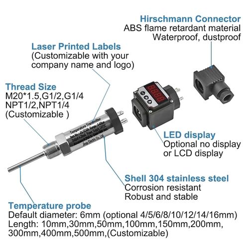 LED Display Plug-in Temperature Transmitter PT100 Temperature Measuring Probe Temperature Sensor 4-20mA Output Transducers(G1-2 -50-50C,200mm) in Saudi Arabia