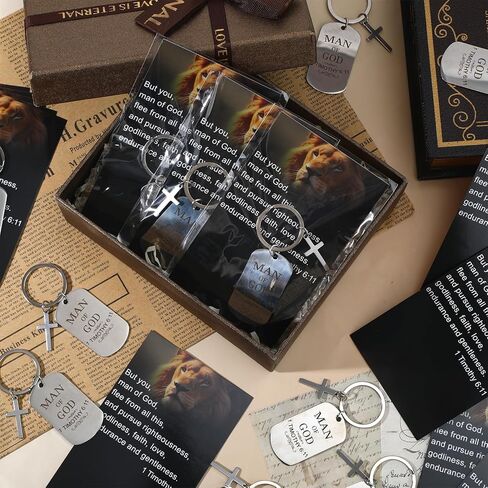 24 حزمة من هدايا رجل الله للرجال من الفولاذ المقاوم للصدأ مع بطاقات هدايا، صور أسد 1 تيموثي 6:11 رموز روحية، هدايا مسيحية كبيرة للرجال الآباء الكهنة، مع حقائب ذاتية اللصق in Kuwait