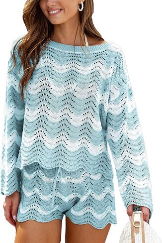 CUPSHE Women's Crochet Cover Up Set Casual Striped Beach Cover Up Sky Blue, XL in Saudi Arabia