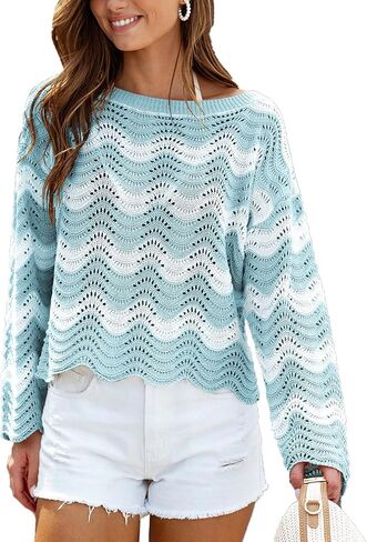 CUPSHE Women's Crochet Cover Up Set Casual Striped Beach Cover Up Sky Blue, XL in Saudi Arabia
