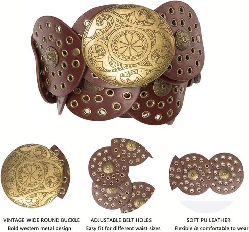 Women Wide Western Disc Belt Vintage Hollow Cowgirl Belts Boho Out Round Belt for Dress Jeans in Saudi Arabia