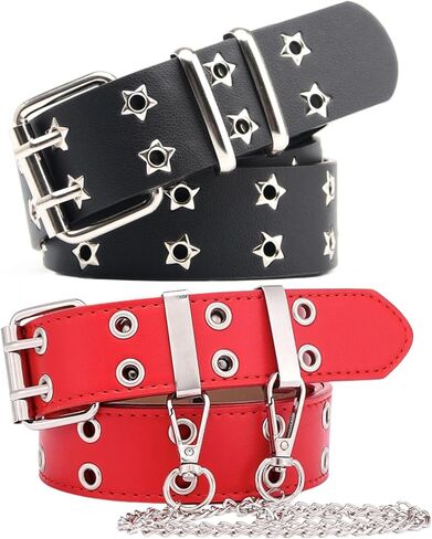 حزام مرصع بحلقة معدنية مزدوجة للرجال والنساء من طراز Punk Rock القوطي لسراويل الجينز مع سلسلة in Kuwait