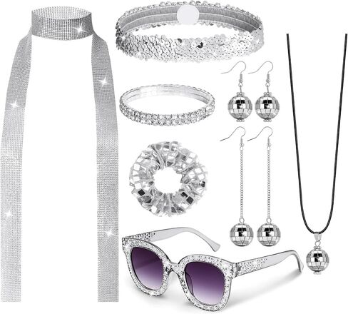 8 Pcs 70s Women Disco Accessories for Party - 70s Disco Accessories For Women, Disco Jewelry For Women With Sequin Scarf Diamond Headband Bracelet Glasses Necklace Earrings Scrunchie in Kuwait