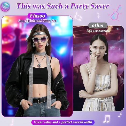 8 Pcs 70s Women Disco Accessories for Party - 70s Disco Accessories For Women, Disco Jewelry For Women With Sequin Scarf Diamond Headband Bracelet Glasses Necklace Earrings Scrunchie in Kuwait