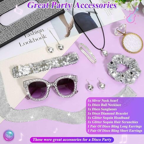 8 Pcs 70s Women Disco Accessories for Party - 70s Disco Accessories For Women, Disco Jewelry For Women With Sequin Scarf Diamond Headband Bracelet Glasses Necklace Earrings Scrunchie in Kuwait