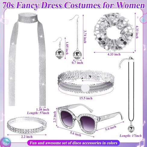 8 Pcs 70s Women Disco Accessories for Party - 70s Disco Accessories For Women, Disco Jewelry For Women With Sequin Scarf Diamond Headband Bracelet Glasses Necklace Earrings Scrunchie in Kuwait