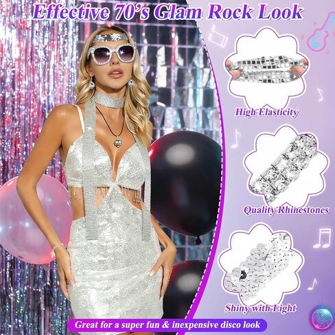 8 Pcs 70s Women Disco Accessories for Party - 70s Disco Accessories For Women, Disco Jewelry For Women With Sequin Scarf Diamond Headband Bracelet Glasses Necklace Earrings Scrunchie in Kuwait
