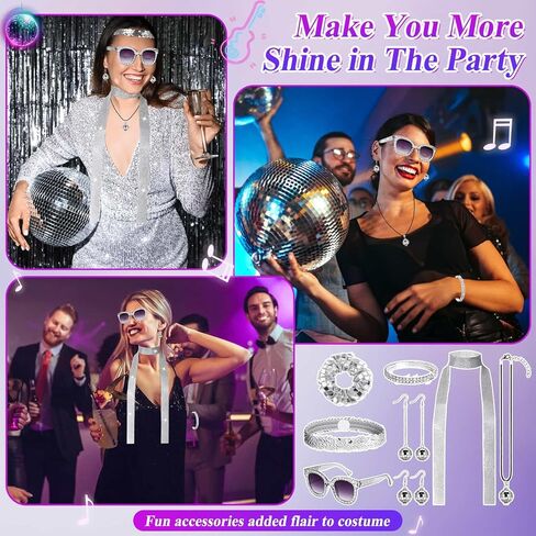 8 Pcs 70s Women Disco Accessories for Party - 70s Disco Accessories For Women, Disco Jewelry For Women With Sequin Scarf Diamond Headband Bracelet Glasses Necklace Earrings Scrunchie in Kuwait