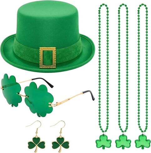 6 Pcs St Patrick's Day Leprechaun Costume for Women Accessories Set Leprechaun Green Top Hat Shamrock Clover Earrings Necklaces Sunglass Irish Costume Accessories for Party Supplies Favors in Saudi Arabia