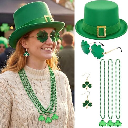 6 Pcs St Patrick's Day Leprechaun Costume for Women Accessories Set Leprechaun Green Top Hat Shamrock Clover Earrings Necklaces Sunglass Irish Costume Accessories for Party Supplies Favors in Saudi Arabia