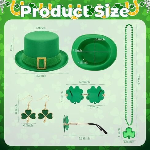6 Pcs St Patrick's Day Leprechaun Costume for Women Accessories Set Leprechaun Green Top Hat Shamrock Clover Earrings Necklaces Sunglass Irish Costume Accessories for Party Supplies Favors in Saudi Arabia