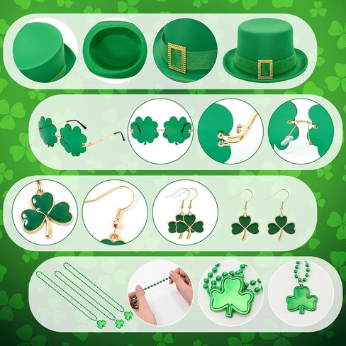 6 Pcs St Patrick's Day Leprechaun Costume for Women Accessories Set Leprechaun Green Top Hat Shamrock Clover Earrings Necklaces Sunglass Irish Costume Accessories for Party Supplies Favors in Saudi Arabia