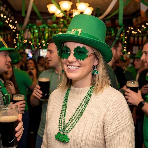 6 Pcs St Patrick's Day Leprechaun Costume for Women Accessories Set Leprechaun Green Top Hat Shamrock Clover Earrings Necklaces Sunglass Irish Costume Accessories for Party Supplies Favors in Saudi Arabia