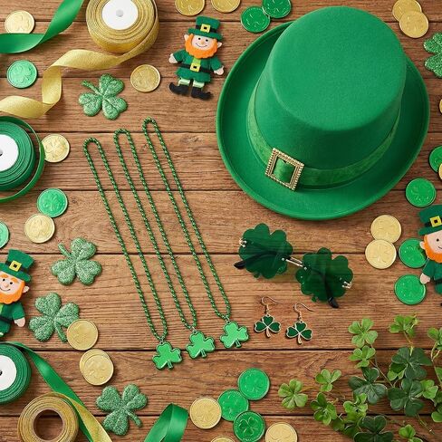6 Pcs St Patrick's Day Leprechaun Costume for Women Accessories Set Leprechaun Green Top Hat Shamrock Clover Earrings Necklaces Sunglass Irish Costume Accessories for Party Supplies Favors in Saudi Arabia