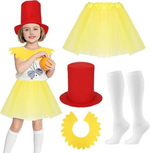 مجموعة أزياء شخصية القصص المصورة مكونة من 4 قطع تتضمن قبعة حمراء وياقة صفراء وتنورة توتو من التول الأصفر وجوارب طويلة بيضاء للحفلات التنكرية in Kuwait
