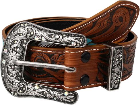 حزام راعية البقر الغربي للسيدات من Aroncent: حزام ريفي من الجلد البني المنقوش بالزهور مع أحجار الراين - إبزيم قابل للفصل in Kuwait