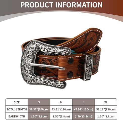 حزام راعية البقر الغربي للسيدات من Aroncent: حزام ريفي من الجلد البني المنقوش بالزهور مع أحجار الراين - إبزيم قابل للفصل in Kuwait