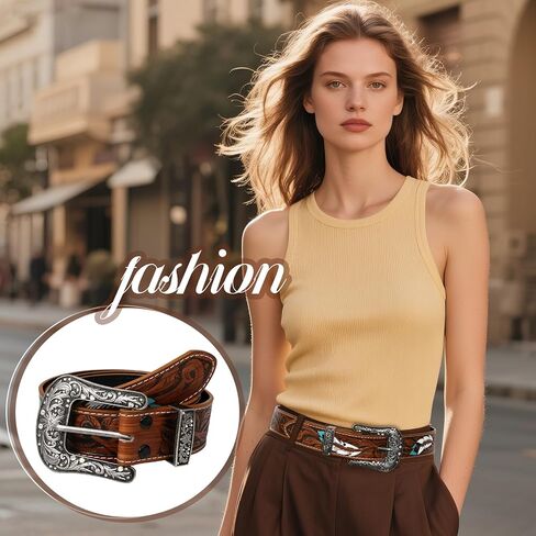 حزام راعية البقر الغربي للسيدات من Aroncent: حزام ريفي من الجلد البني المنقوش بالزهور مع أحجار الراين - إبزيم قابل للفصل in Kuwait