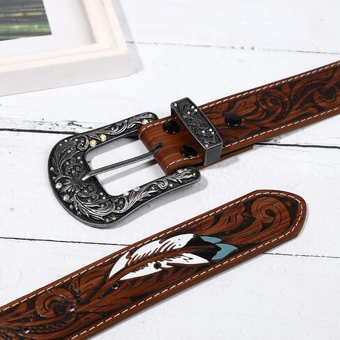 حزام راعية البقر الغربي للسيدات من Aroncent: حزام ريفي من الجلد البني المنقوش بالزهور مع أحجار الراين - إبزيم قابل للفصل in Kuwait