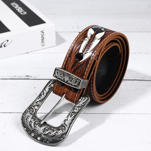 حزام راعية البقر الغربي للسيدات من Aroncent: حزام ريفي من الجلد البني المنقوش بالزهور مع أحجار الراين - إبزيم قابل للفصل in Kuwait