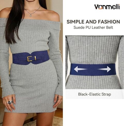 VONMELLI Women's Wide Elastic Belt Suede Stretchy Belt for Dress Suits with Vintage Gold Buckle in Saudi Arabia