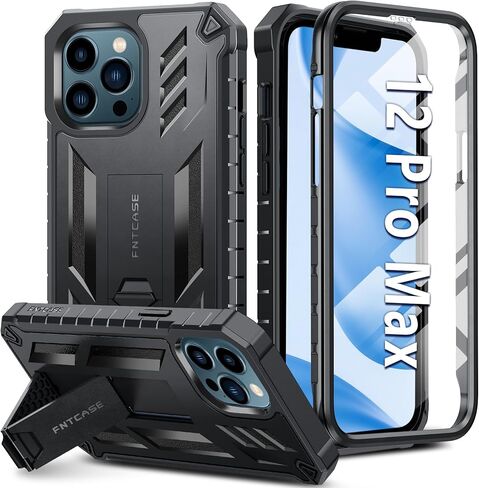 FNTCASE for iPhone 12-Pro-Max Phone Case: with Built-in Screen Protector & Kickstand & Belt-Clip Holster, Full-Body Dual Layer Rugged Military Shockproof Protective Cover-Black in Kuwait