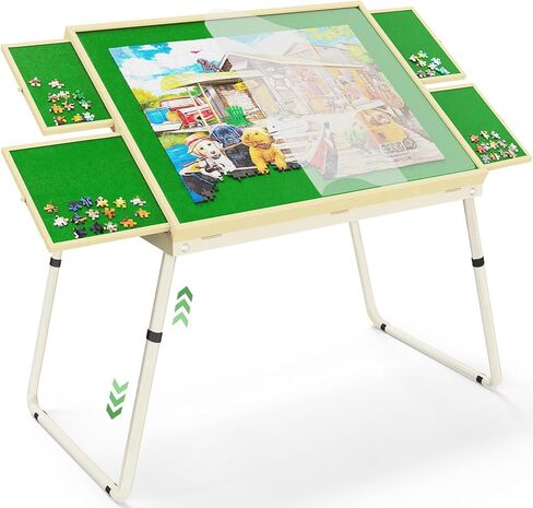 RAGOZONERY Jigsaw Puzzle Table 1500pcs,18-28in Height Adjustable and Five Up Angles Puzzle Tables with Drawers,Jigsaw Puzzle Board with Cover,Puzzle Tables for Adults in Kuwait