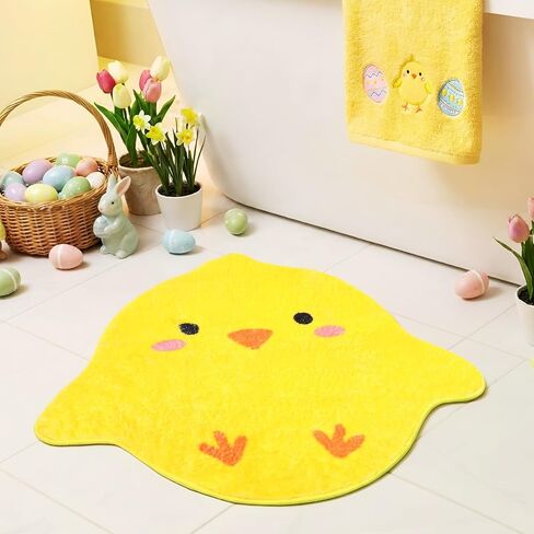 Dunzy 24 x 24 Inch Easter Chick Bathroom Rug Cute Yellow Small Chicken Mat Non Slip Easter Bathroom Decoration Yellow Soft Absorbent Shower Floor Mat Bathtub Decor for Holiday in Saudi Arabia