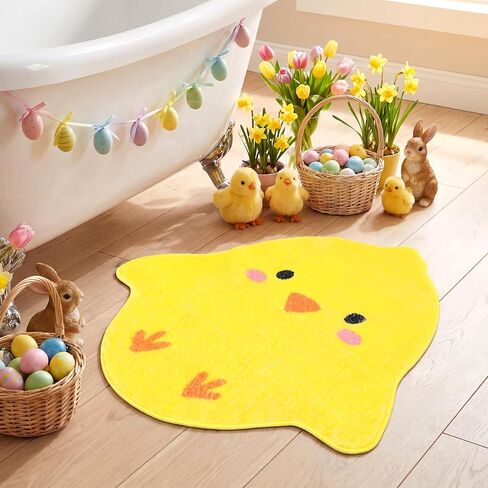 Dunzy 24 x 24 Inch Easter Chick Bathroom Rug Cute Yellow Small Chicken Mat Non Slip Easter Bathroom Decoration Yellow Soft Absorbent Shower Floor Mat Bathtub Decor for Holiday in Saudi Arabia