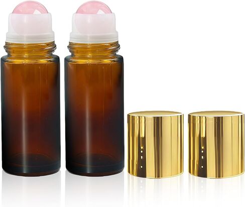 Warmify2 عبوة من زجاجات دوارة من الكوارتز الوردي للزيوت العطرية، 50 مل من زجاج العنبر القابل لإعادة الملء على الزجاجات مع كرات دوارة من الكريستال الطبيعي، زجاجة عطر للسفر مقاومة للتسرب مع أغطية ذهبية in Kuwait