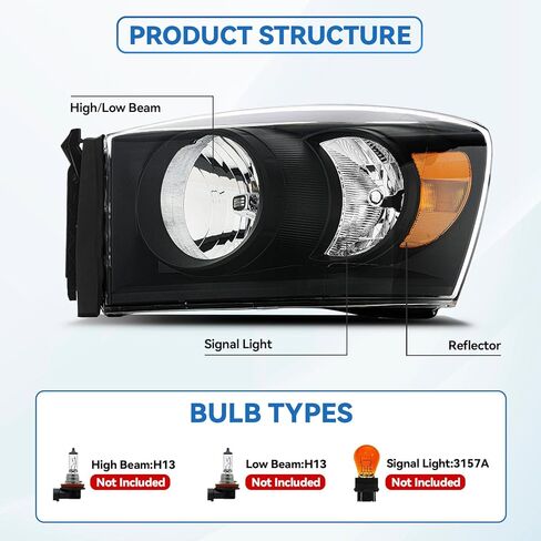 مجموعة المصابيح الأمامية الأمامية لـ 2006-2008 DODGE RAM 1500/2006-2009 DODGE RAM 2500, 3500 Pickup - استبدال المصابيح الأمامية، أضواء المصد الأمامي in Kuwait